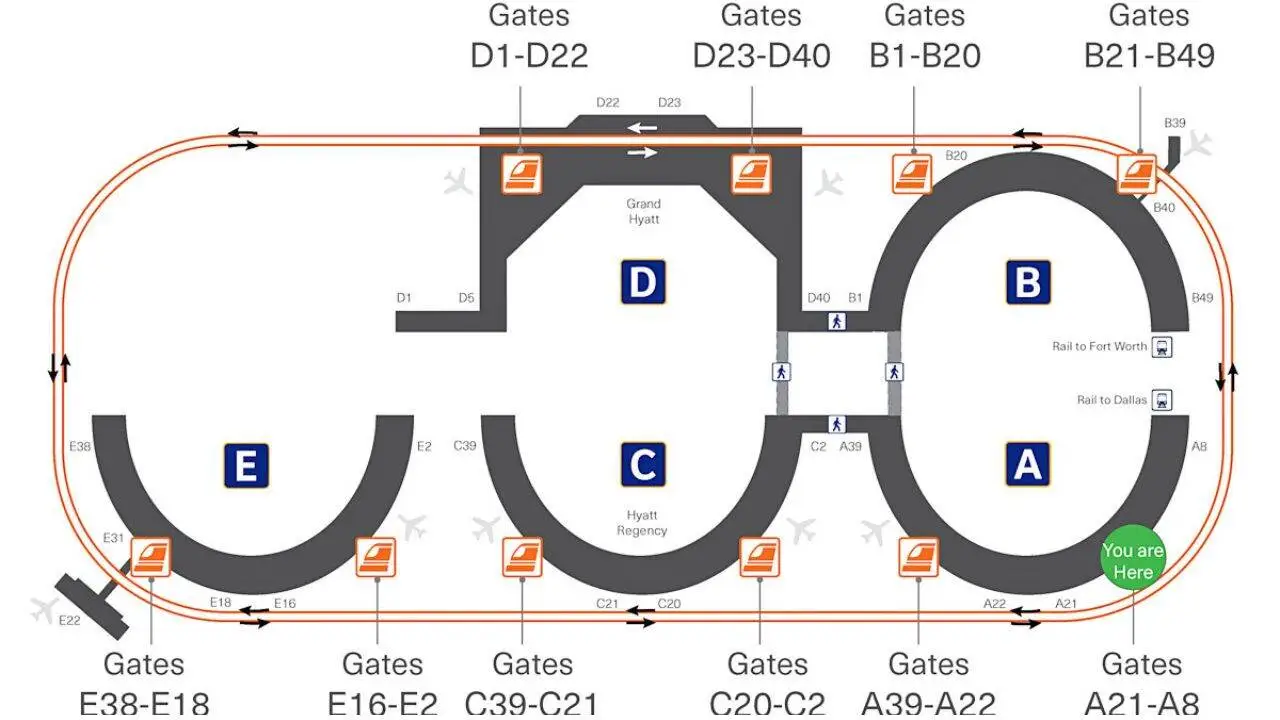 DFW Airport terminals map showing layout, gates, and navigation routes