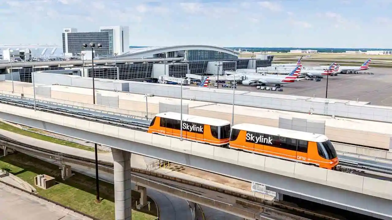 DFW Airport transportation services including Skylink train, shuttles, taxis and car rentals