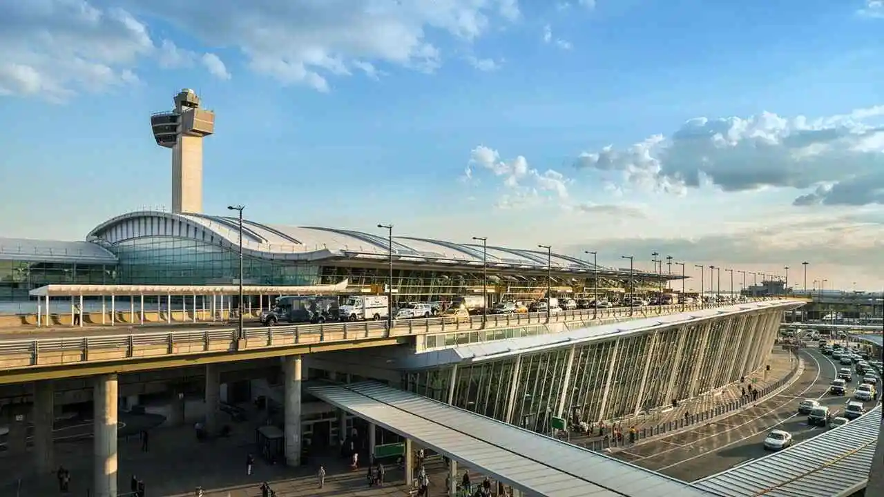 JFK Airport terminals exterior view showing Terminal 1, 4, 5, 7, and 8