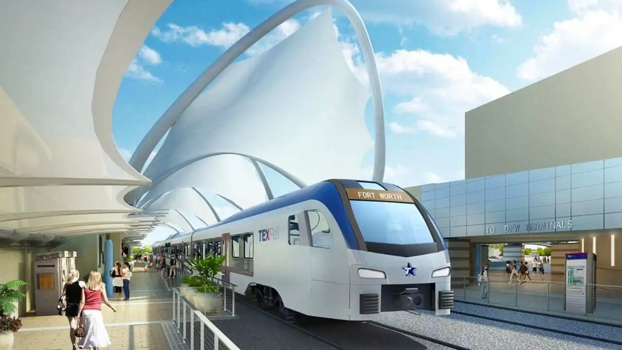 TEXRail train at DFW Airport Terminal B connecting to Fort Worth